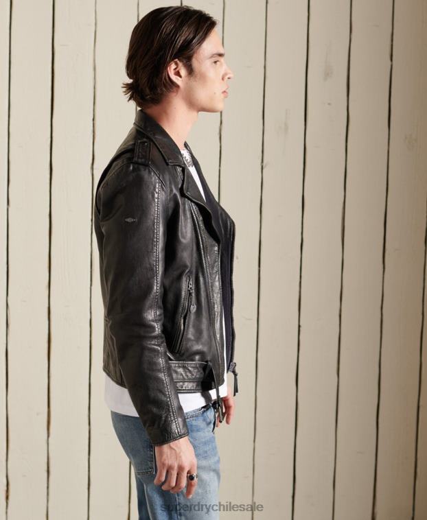 hombres Superdry negro chaqueta motociclista de cuero vintage 2R68Z4784