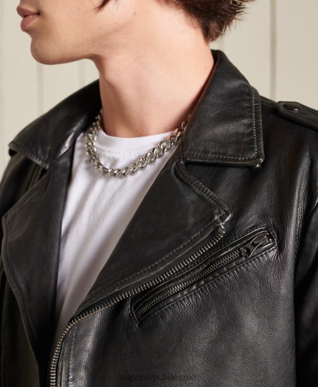 hombres Superdry negro chaqueta motociclista de cuero vintage 2R68Z4784