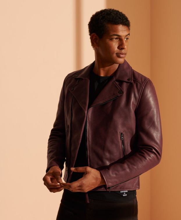 hombres Superdry púrpura chaqueta de motorista de cuero 2R68Z4725