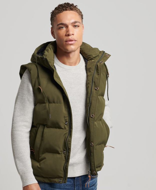 hombres Superdry verde chaleco acolchado everest con capucha 2R68Z1017