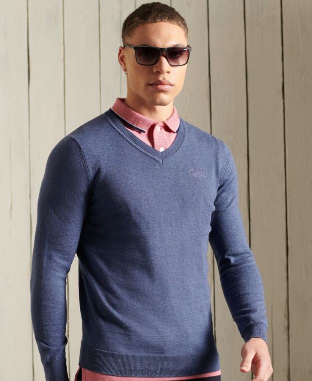 hombres Superdry azul suéter con etiqueta naranja y cuello en V 2R68Z5328