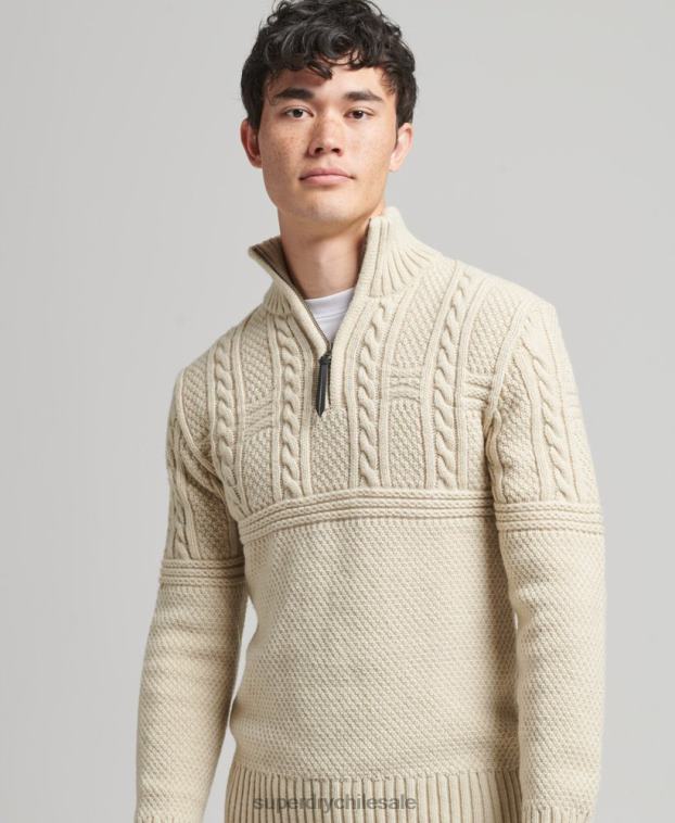 hombres Superdry crema jersey con cuello henley de jacob 2R68Z5240
