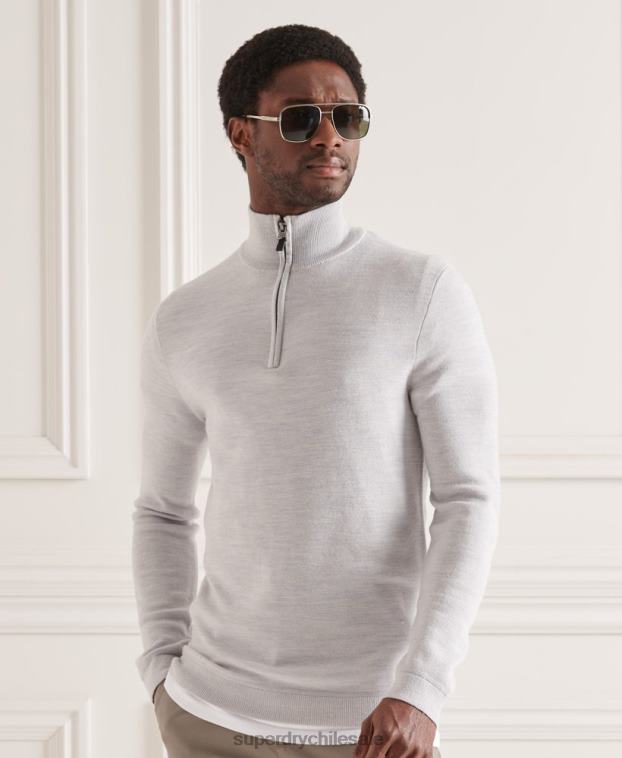 hombres Superdry gris claro jersey con cuello henley de merino 2R68Z5320