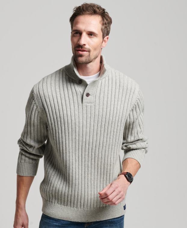 hombres Superdry gris jersey de canalé con cuello henley 2R68Z5261