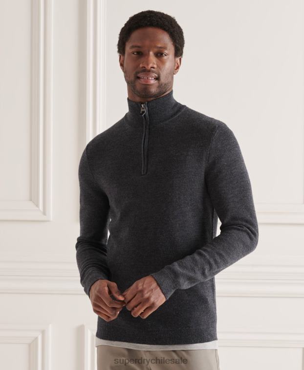 hombres Superdry gris oscuro jersey con cuello henley de merino 2R68Z1339