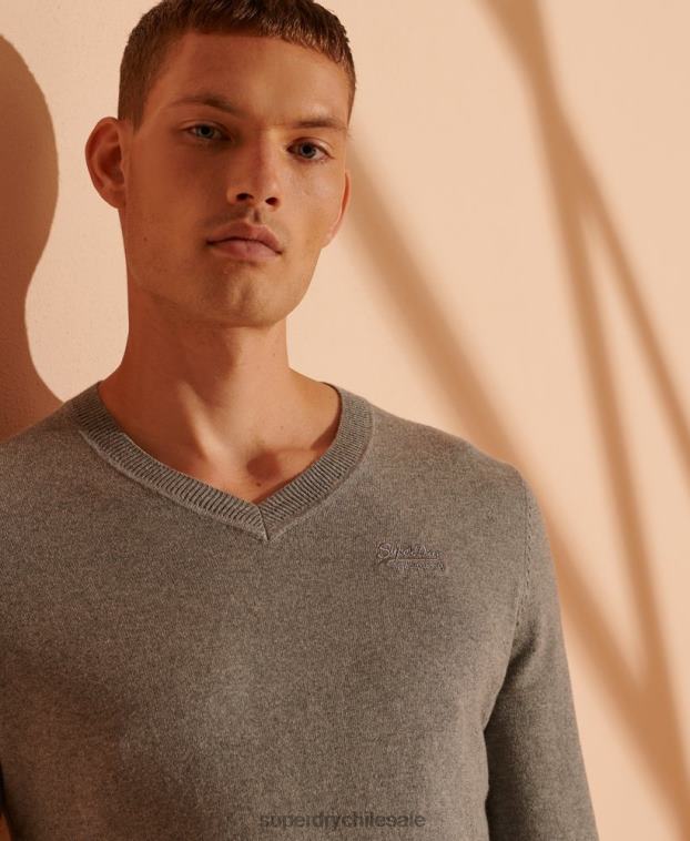 hombres Superdry gris suéter con etiqueta naranja y cuello en V 2R68Z1364