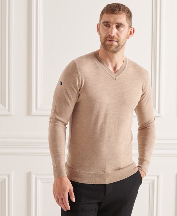 hombres Superdry marrón jersey de merino con cuello de pico 2R68Z1320