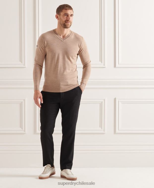 hombres Superdry marrón jersey de merino con cuello de pico 2R68Z1320