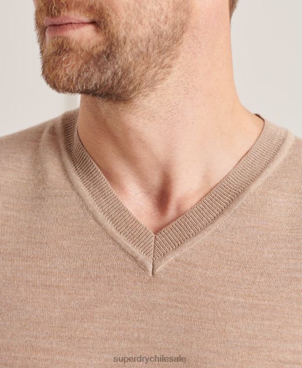 hombres Superdry marrón jersey de merino con cuello de pico 2R68Z1320