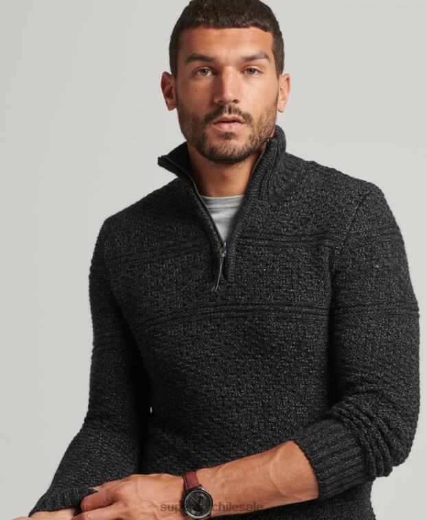 hombres Superdry negro jersey con cuello henley de jacob 2R68Z5253
