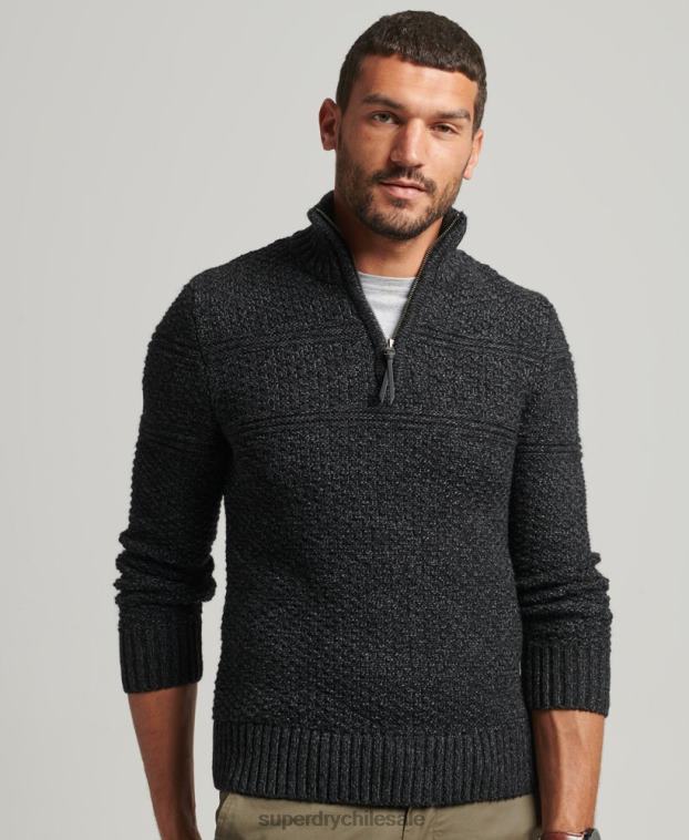 hombres Superdry negro jersey con cuello henley de jacob 2R68Z5253