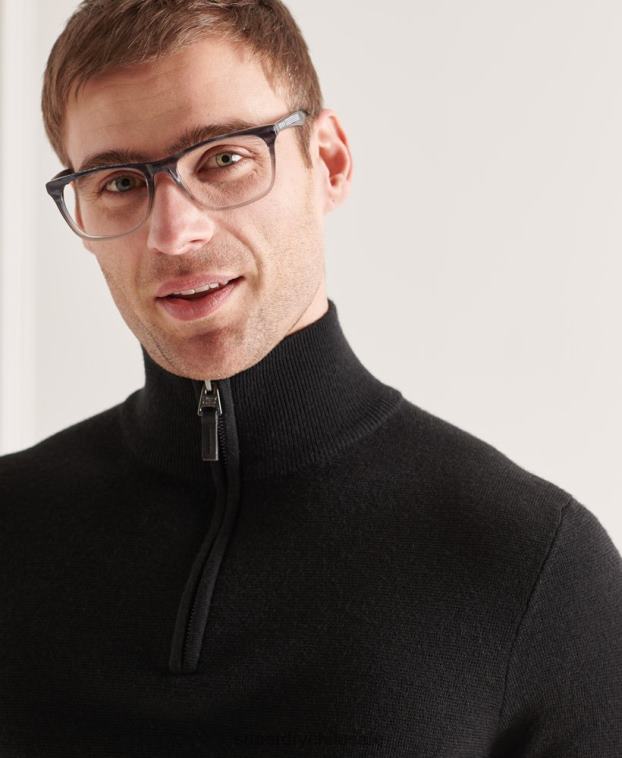 hombres Superdry negro jersey con cuello henley de merino 2R68Z5349
