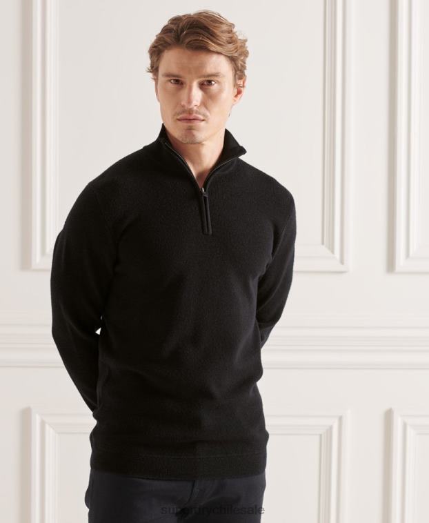 hombres Superdry negro jersey con cuello tunecino de lana merino studios 2R68Z5294