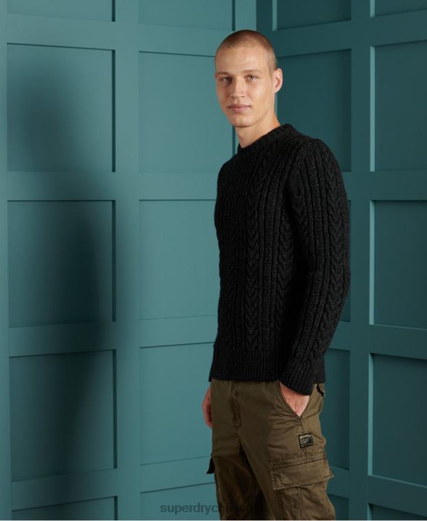 hombres Superdry negro suéter jacob cable crew 2R68Z1355