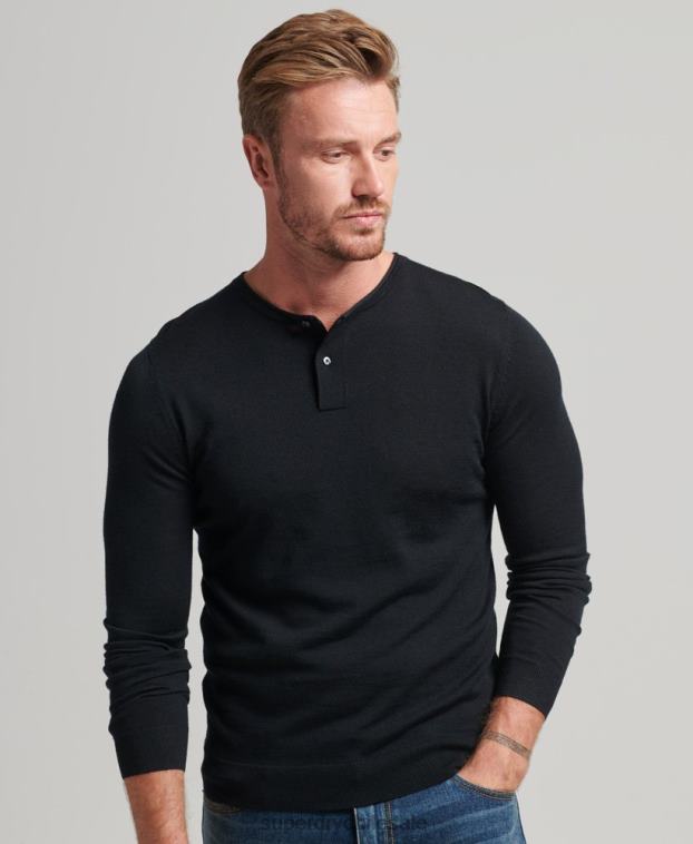 hombres Superdry negro top de punto henley con cuello redondo de merino 2R68Z1534