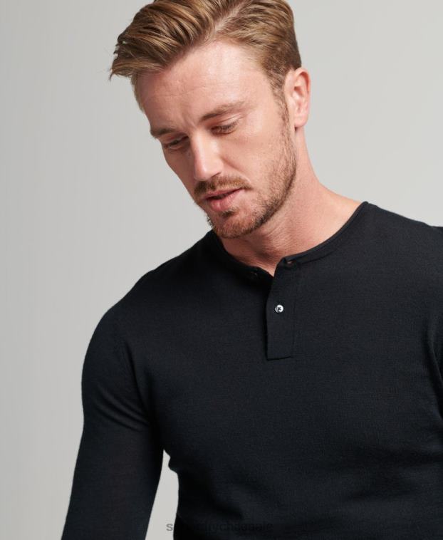 hombres Superdry negro top de punto henley con cuello redondo de merino 2R68Z1534