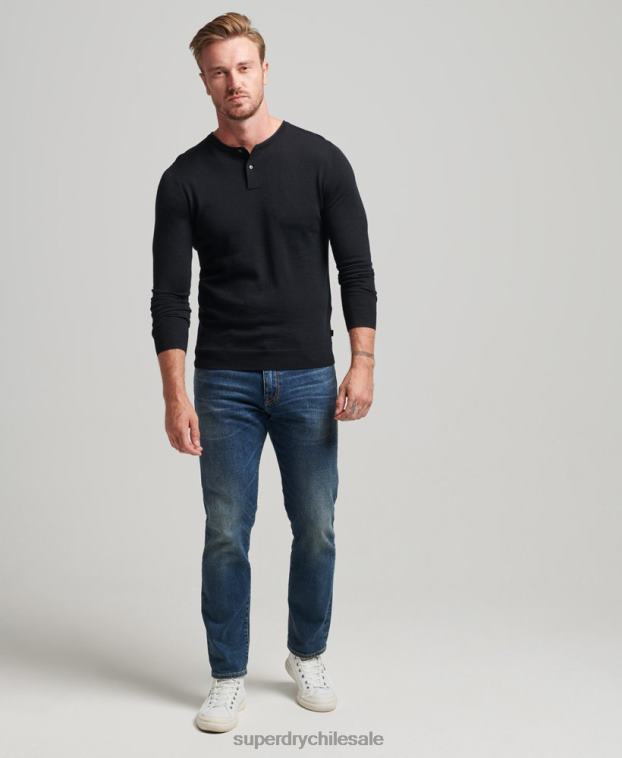 hombres Superdry negro top de punto henley con cuello redondo de merino 2R68Z1534