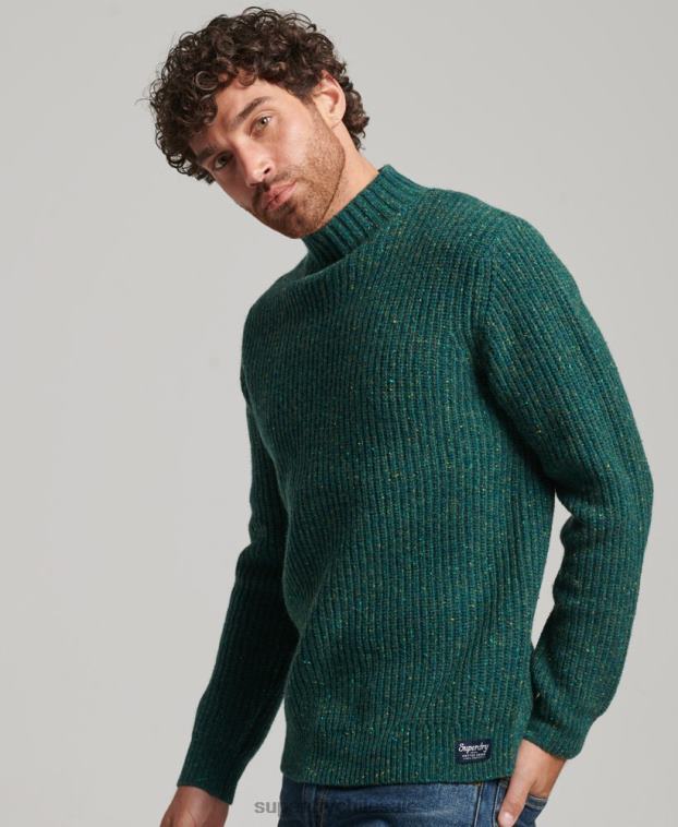 hombres Superdry verde jersey de tweed en mezcla de lana con cuello alzado 2R68Z1273