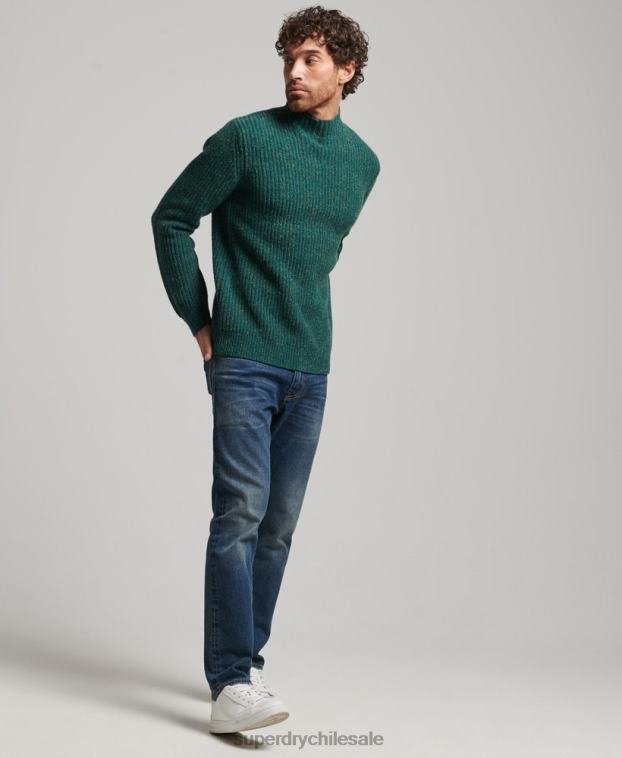 hombres Superdry verde jersey de tweed en mezcla de lana con cuello alzado 2R68Z1273
