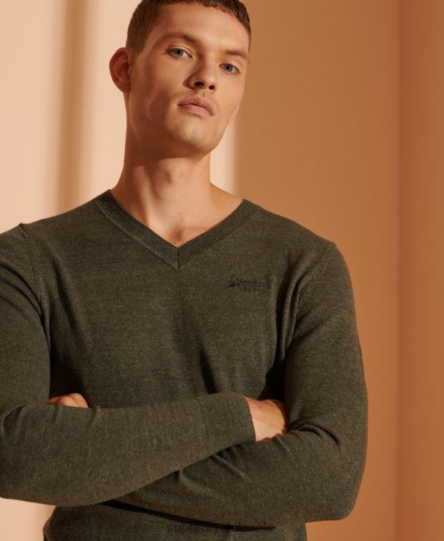 hombres Superdry verde suéter con etiqueta naranja y cuello en V 2R68Z1352