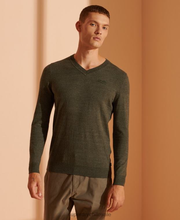 hombres Superdry verde suéter con etiqueta naranja y cuello en V 2R68Z1352