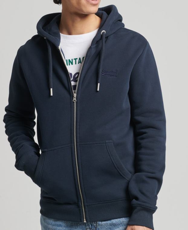 hombres Superdry Armada sudadera con capucha y cremallera de algodón orgánico con logo vintage bordado 2R68Z626