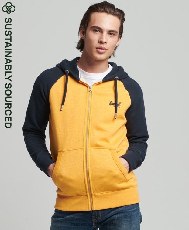 hombres Superdry amarillo sudadera con capucha y cremallera de béisbol con logo vintage de algodón orgánico 2R68Z5174