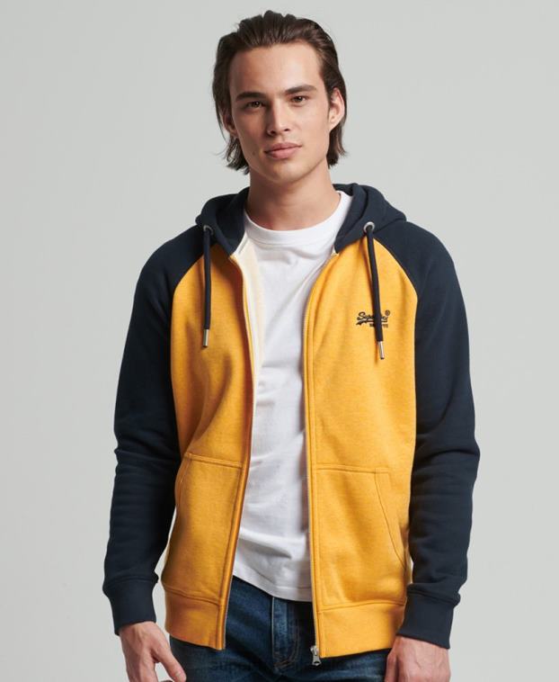 hombres Superdry amarillo sudadera con capucha y cremallera de béisbol con logo vintage de algodón orgánico 2R68Z5174