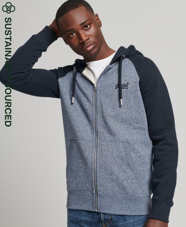 hombres Superdry azul sudadera con capucha y cremallera de béisbol con logo vintage de algodón orgánico 2R68Z709