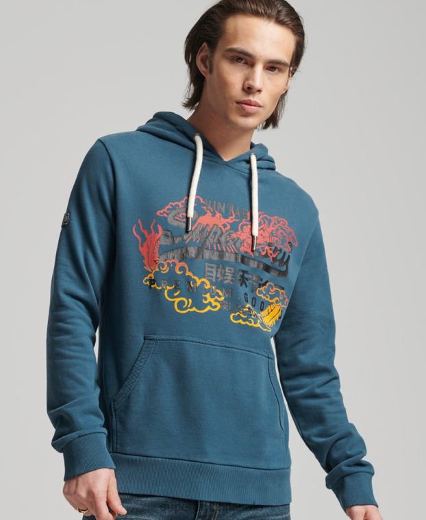 hombres Superdry azul sudadera con capucha y logo vintage sin cepillar 2R68Z859