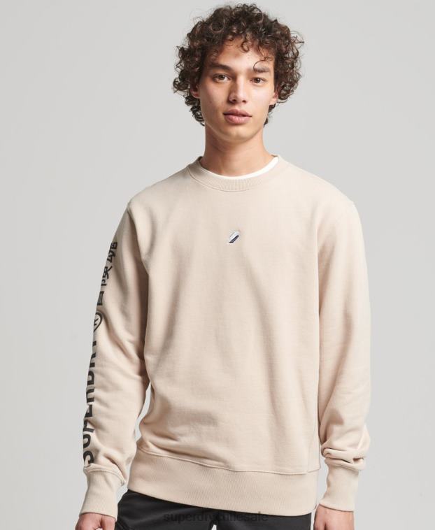 hombres Superdry beige sudadera holgada con cuello redondo code linear 2R68Z5909