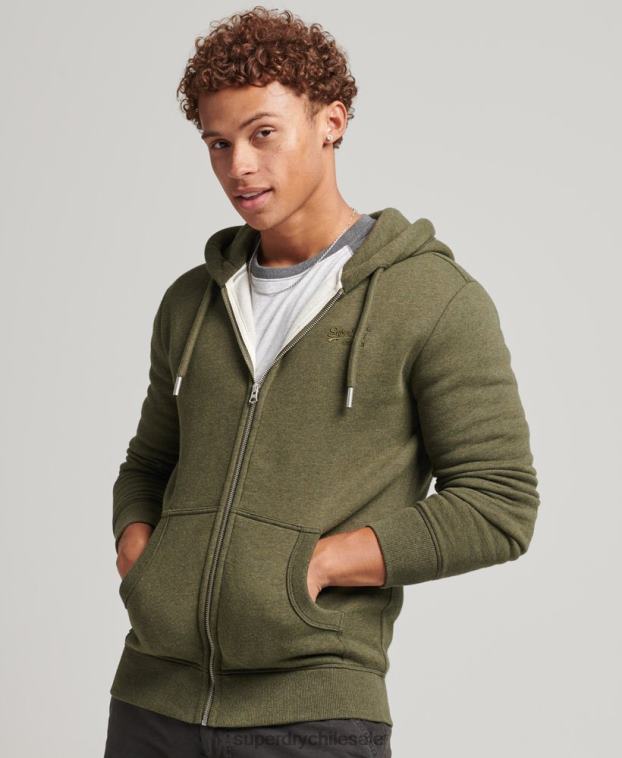 hombres Superdry caqui sudadera con capucha y cremallera de algodón orgánico con logo vintage bordado 2R68Z559