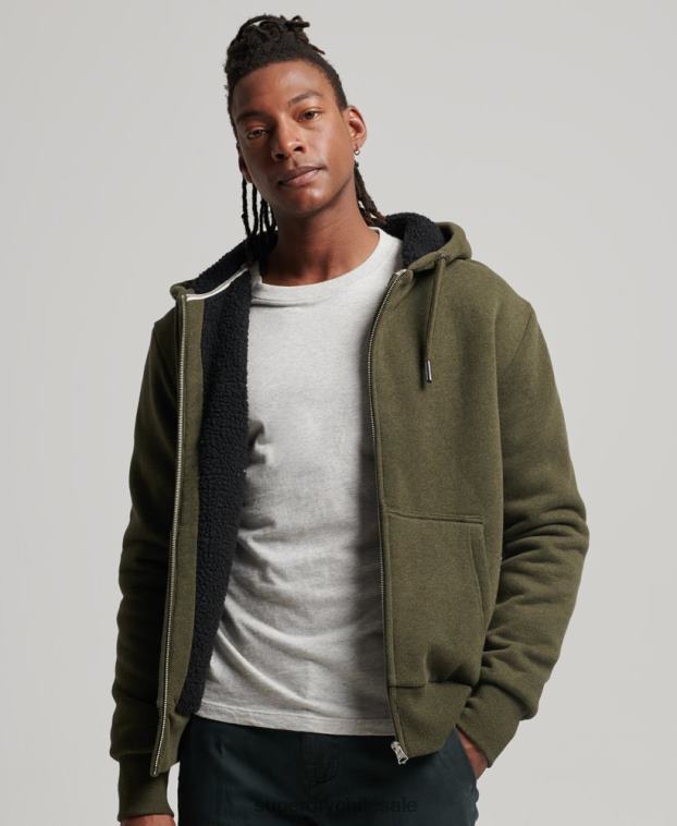 hombres Superdry caqui sudadera con cremallera y forro de borreguito esencial 2R68Z4990