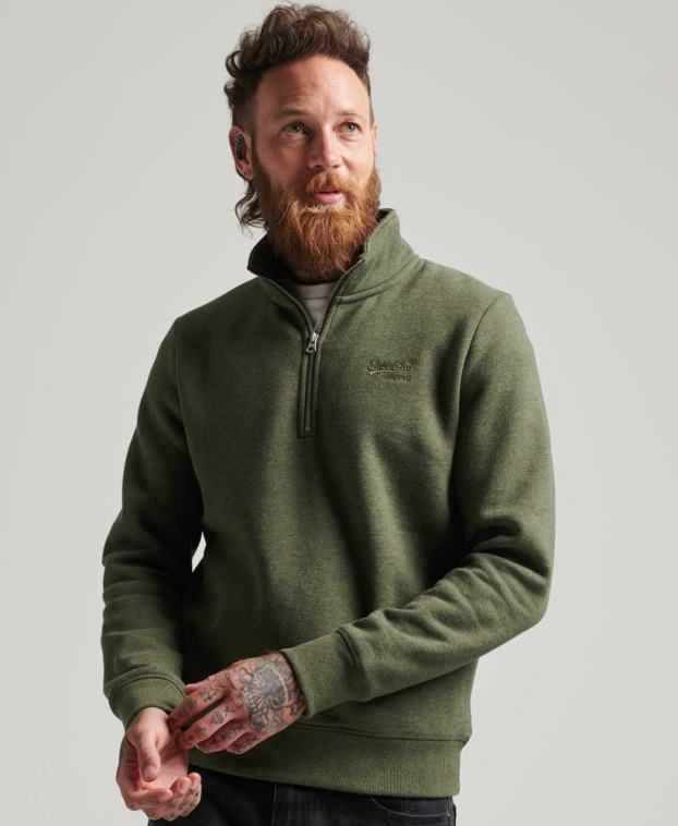 hombres Superdry caqui sudadera de algodón orgánico con media cremallera y logo esencial 2R68Z5092