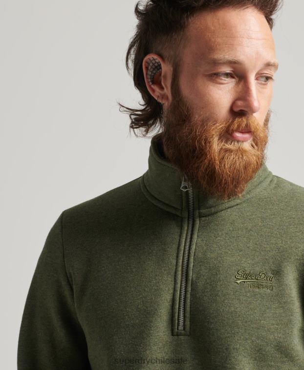 hombres Superdry caqui sudadera de algodón orgánico con media cremallera y logo esencial 2R68Z5092
