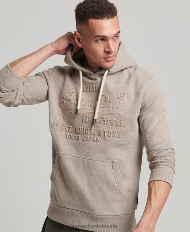 hombres Superdry crema sudadera con capucha y logo vintage en relieve 2R68Z737