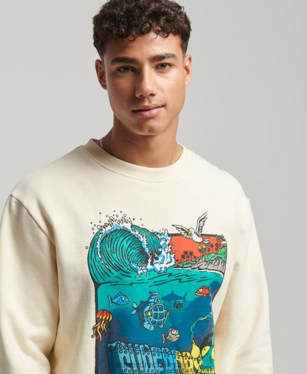 hombres Superdry crema sudadera con estampado de criaturas 2R68Z478