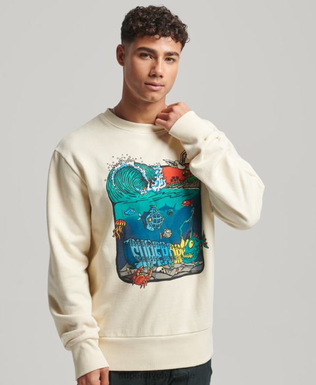 hombres Superdry crema sudadera con estampado de criaturas 2R68Z478