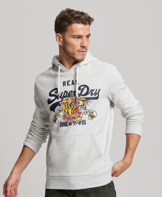 hombres Superdry gris claro sudadera con capucha y logo vintage 2R68Z615