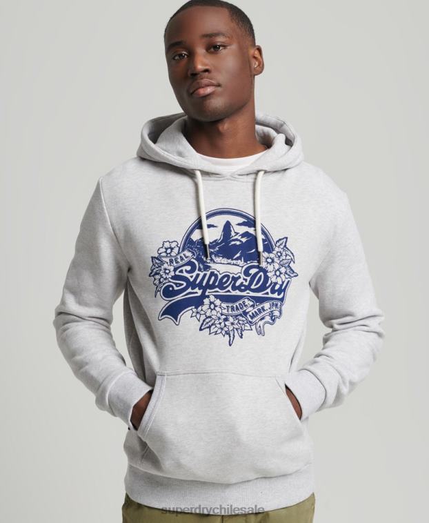 hombres Superdry gris claro sudadera con capucha y logo vintage 2R68Z841