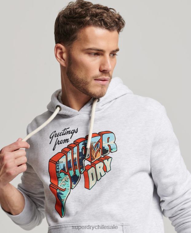 hombres Superdry gris claro sudadera con capucha y pegatina de viaje 2R68Z720