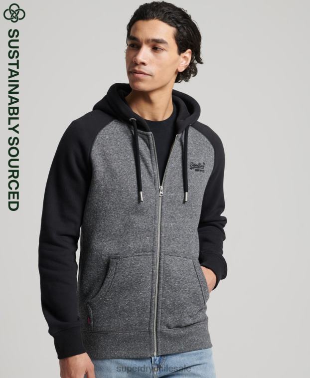 hombres Superdry gris oscuro sudadera con capucha y cremallera de béisbol con logo vintage de algodón orgánico 2R68Z666
