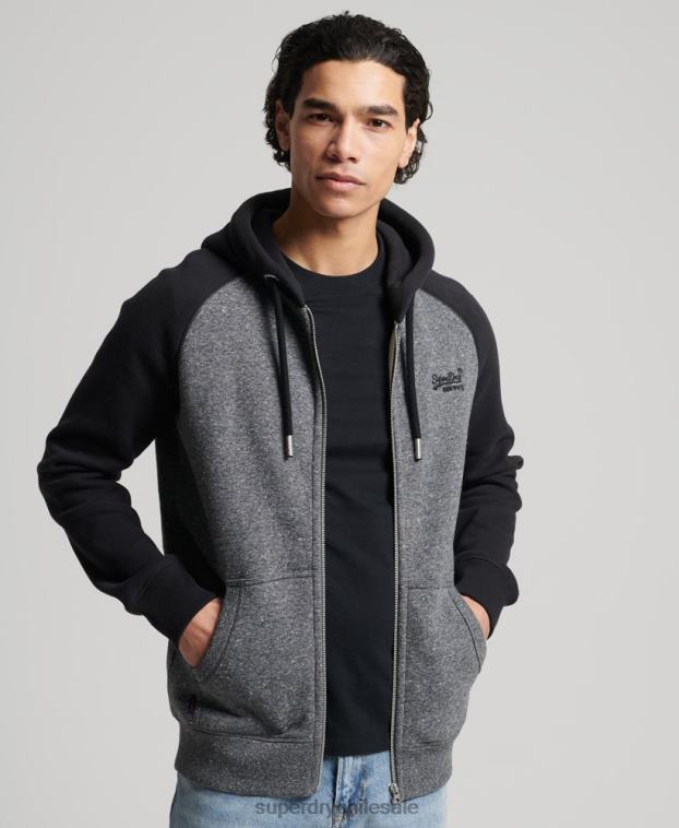 hombres Superdry gris oscuro sudadera con capucha y cremallera de béisbol con logo vintage de algodón orgánico 2R68Z666