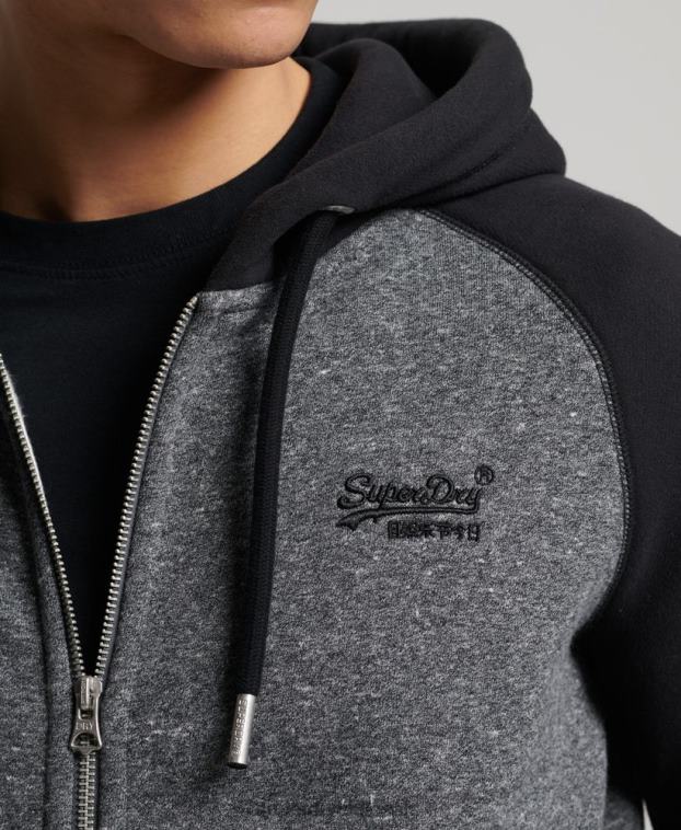 hombres Superdry gris oscuro sudadera con capucha y cremallera de béisbol con logo vintage de algodón orgánico 2R68Z666