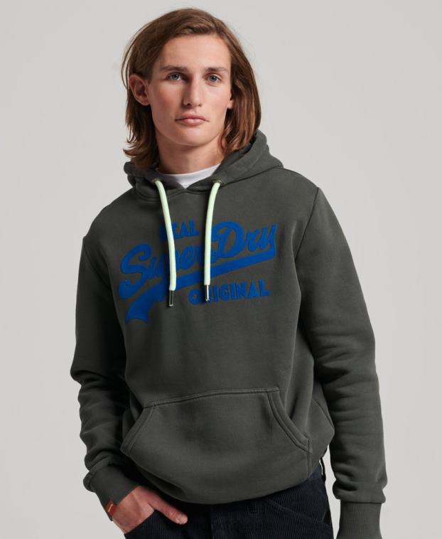 hombres Superdry gris oscuro sudadera con capucha y logo vintage 2R68Z660