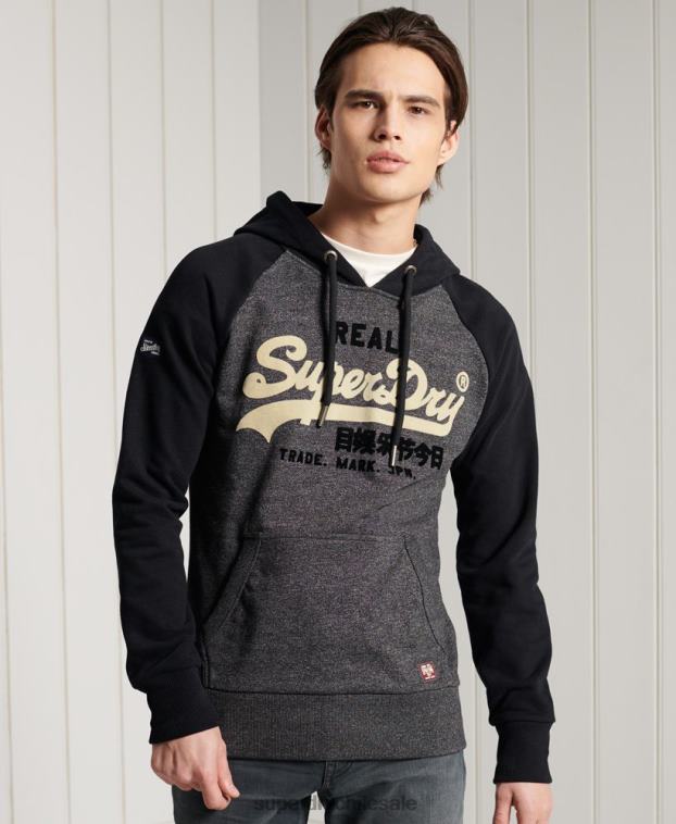 hombres Superdry gris oscuro sudadera con capucha y logo vintage duo raglan loopback 2R68Z873