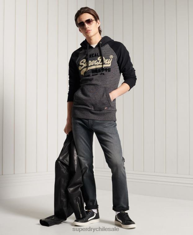 hombres Superdry gris oscuro sudadera con capucha y logo vintage duo raglan loopback 2R68Z873