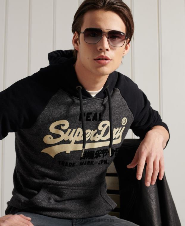 hombres Superdry gris oscuro sudadera con capucha y logo vintage duo raglan loopback 2R68Z873