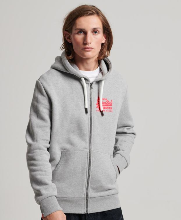 hombres Superdry gris sudadera con cremallera y logo vintage 2R68Z489