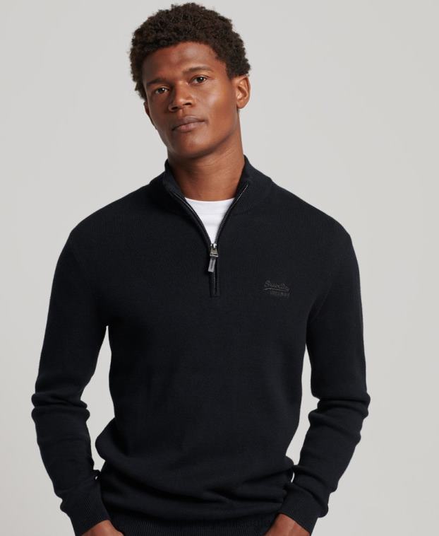 hombres Superdry negro sudadera con cuello henley bordado de algodón orgánico 2R68Z5256